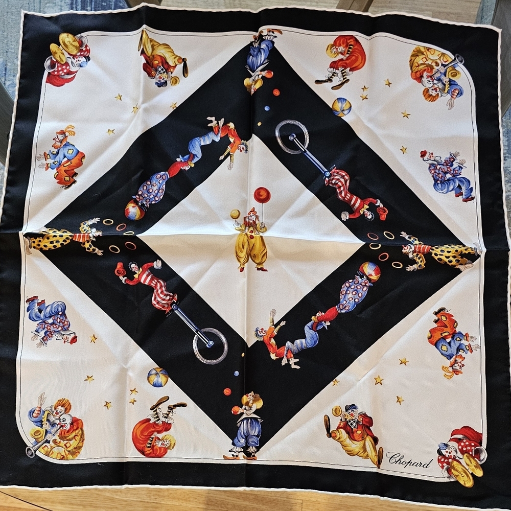 Chopard Vintage Silk Scarf Circus Clown Happy Diamonds Print 18x18 EUC